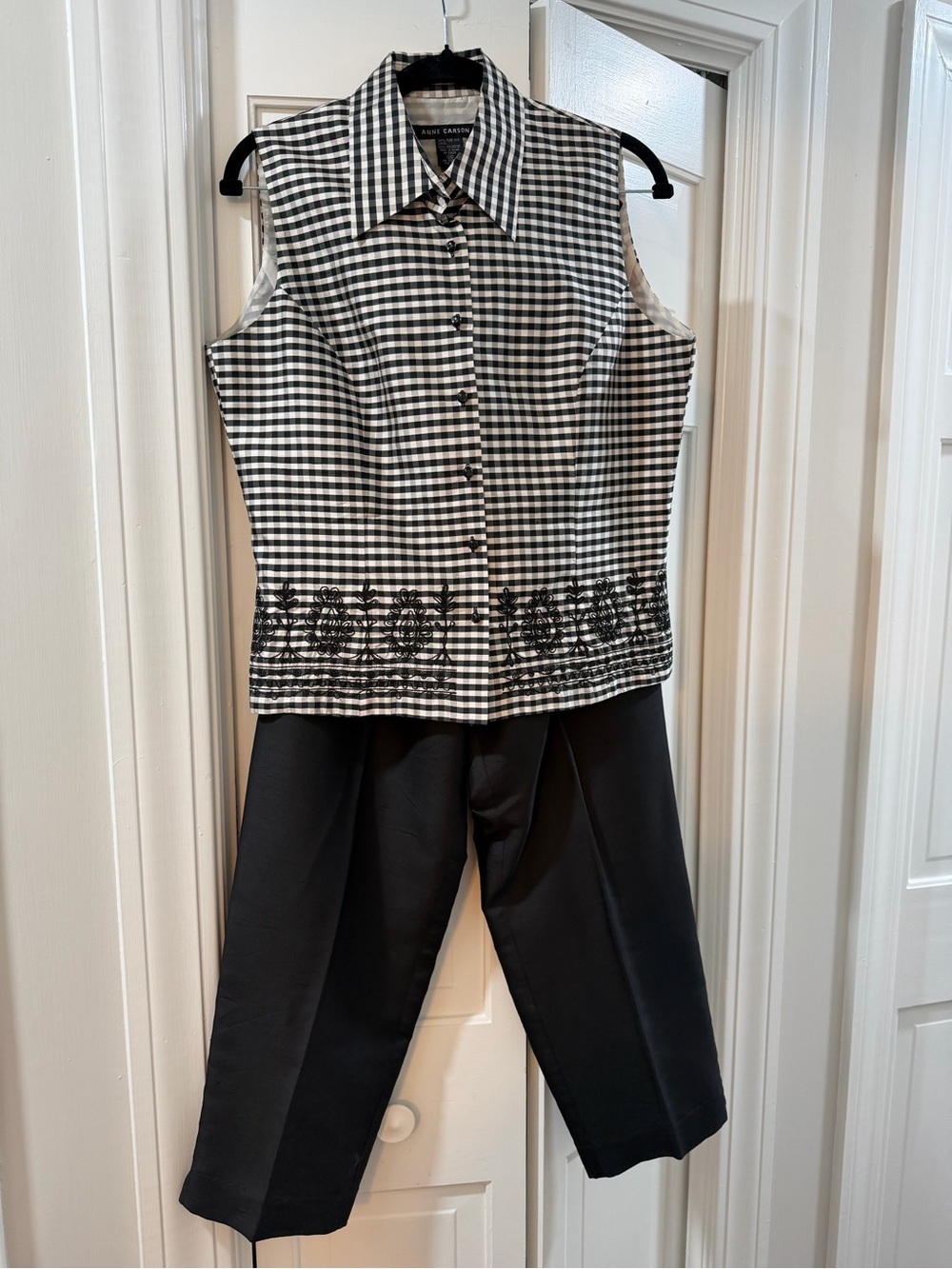 Vintage Anne Carson Silk Black & White Gingham Sleeveless Top with Black Capris